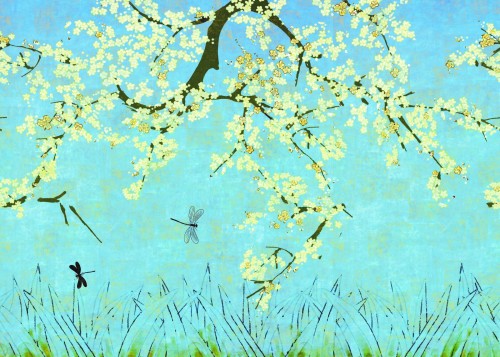 Mural kwitnące drzewa wiśni Elitis TP28901 Les Cerisiers Sauvages Soleil Levant