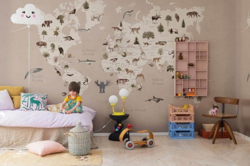 Fototapeta mapa świata i zwierzęta Rebel Walls R18442 Animal World Pastel Pink Rebel Favorites