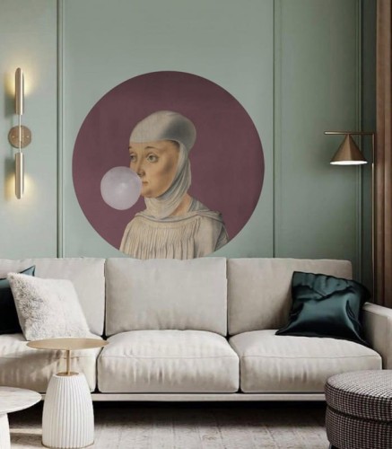 Mural okrągły portret kobiety Dots Woman with Bubble Gum Eggplant 8725 Wallcolors