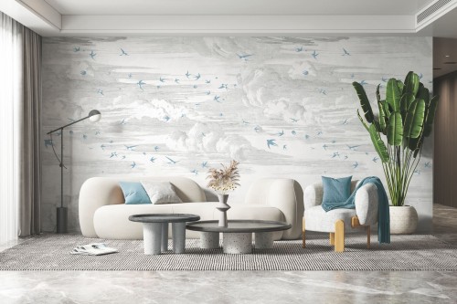 Mural chmury i jaskółki PaperMint ENVOLEE Bleu Rerle - Fond Grisaille R018 Les Essentiels
