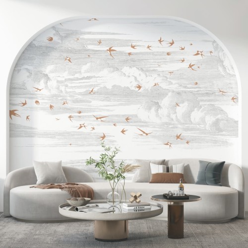 Mural chmury i jaskółki PaperMint ENVOLEE Terre de Sienne - Fond Grisaille R042 Les Essentiels