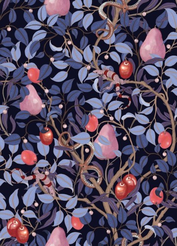 Tapeta owoce i gady Rebel Walls R19276 Fruit Garden Lilac Vintage Brocade