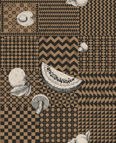 Tapeta owoce i geometria czarno-złota Cole & Son Frutta e Geometrico 123/6031 Fornasetti Senza Tempo II