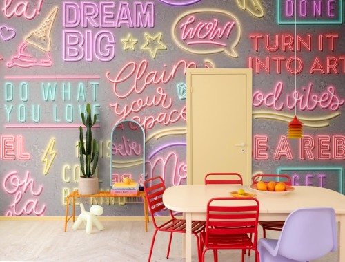 Fototapeta neonowe napisy i betonowa ściana  Rebel Walls R19474 Neon Vibes Concrete Maximalism More is More