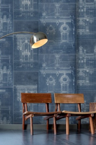 Mural szkic architektoniczny Mind the Gap GARNIER Blue WP20216 Premium Designer Wallpaper Collection