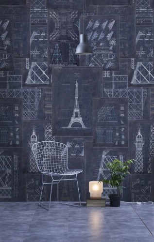 Mural szkic Wieży Eiffla Mind the Gap GRAND EIFFEL Blue WP20219 Premium Designer Wallpaper Collection