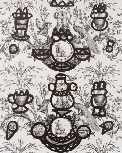 Tapeta botaniczna z abstrakcyjnymi dodatkami Pierre Frey FP568001 Fontaine Et Animaux Barbouillage Les Dessins 4