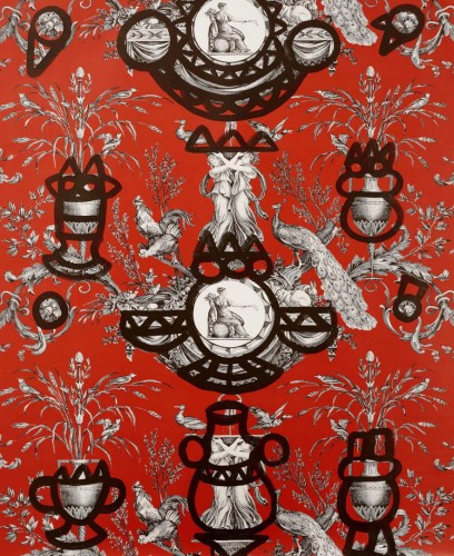 Tapeta botaniczna z abstrakcyjnymi dodatkami Pierre Frey FP568004 Fontaine Et Animaux Barbouillage Les Dessins 4