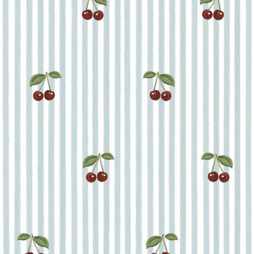 Tapeta wisienki i paski Little Cherries on Blue Stripes Dekornik DEKO.TAP.390
