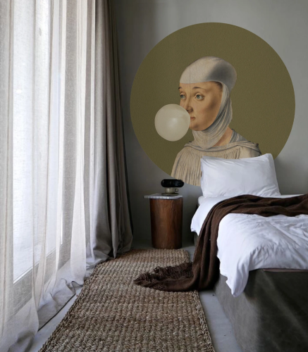 Mural okrągły portret kobiety Dots Woman With Bubble Gum Olive 8726 Wallcolors