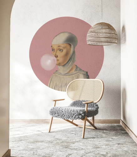 Mural okrągły portret kobiety Dots Woman With Bubble Gum Pink 8727 Wallcolors