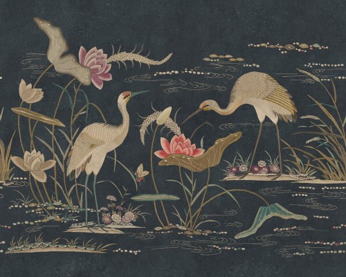 Tapeta ogród wodny z ptakami Sandberg S10419 Seabirds Dark Blue Chinoiserie Garden