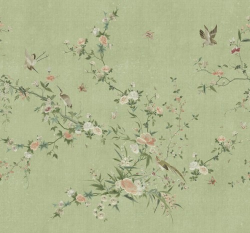 Tapeta roślinne pnącza i ptaki Sandberg S10425 Bloom Green Chinoiserie Garden