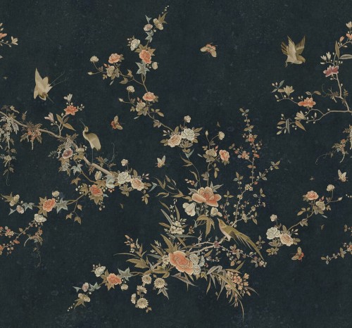 Fototapeta roślinne pnącza i ptaki Sandberg S10428 Bloom Midnight Blue Chinoiserie Garden