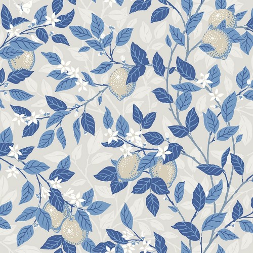 Tapeta cytryny i liście Boras Tapeter 6149 Citrontrad Blue & White