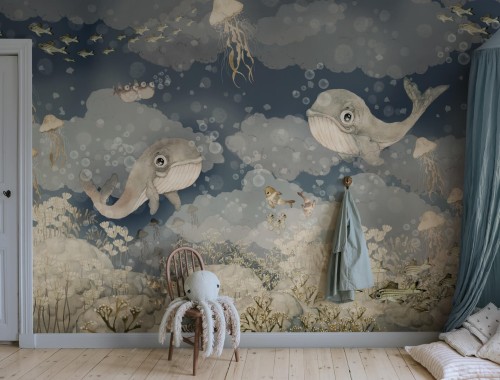 Fototapeta zaczarowany podwodny świat Rebel Walls R20403 Water Song Deep Blue Mrs Mighetto