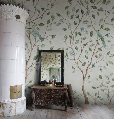 Fototapeta kwitnące drzewa i ptaki Rebel Walls R20339 Chinoiserie Dream Light Green Poetic