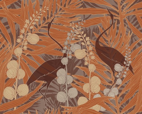 Tapeta Żurawie I Liście Inkiostro Bianco MORNING DEW INKAAQC2004 Sketchbook Collection