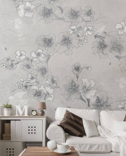 Tapeta kwiaty i ptaki Tecnografica 56417 Birdflower Grey Deco