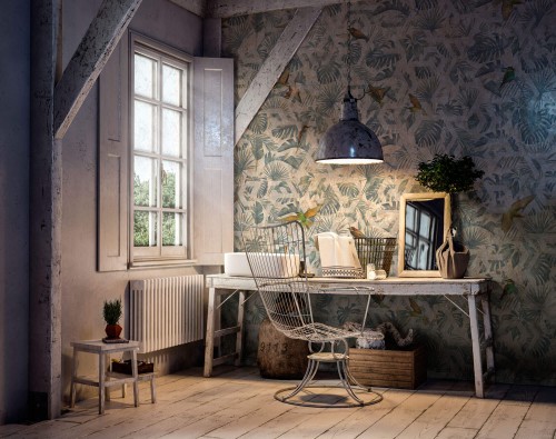 Tapeta tropikalne liscie i ptaki Tecnografica 73131-1 Jumanji Beige