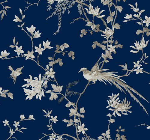 Tapeta w kwiatowe pnącza i ptaki York KT2171 Bird And Blossom Chinoiserie 24 Karat