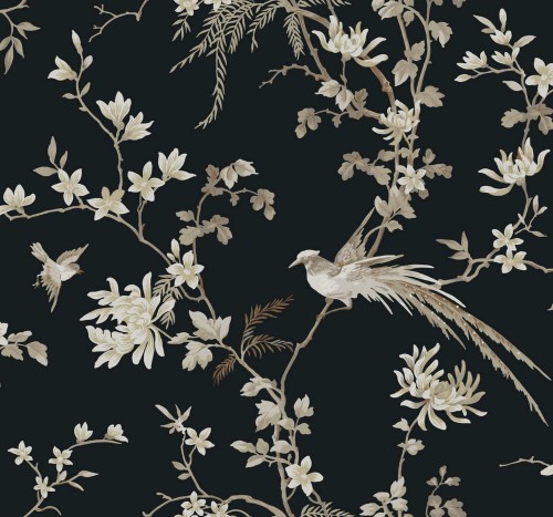 Tapeta w kwiatowe pnącza i ptaki York KT2173 Bird And Blossom Chinoiserie 24 Karat
