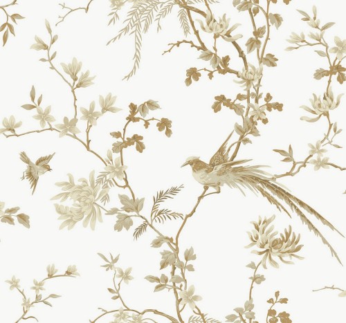 Tapeta w kwiatowe pnącza i ptaki York KT2174 Bird And Blossom Chinoiserie 24 Karat