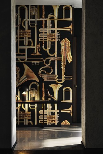 Tapeta labirynt z instrumentów dętych London Art 13TP 01 Donald Trumpet Luxury Shit Toiletpaper