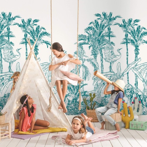 Mural ze wzorem zwierząt i roślin Caselio BFM 102436060 La Jungle Enchantee Beauty Full Image 2