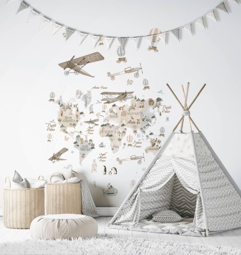 Mural mapa świata i latające maszyny Marburg 45858 Kids Walls Little Adventures