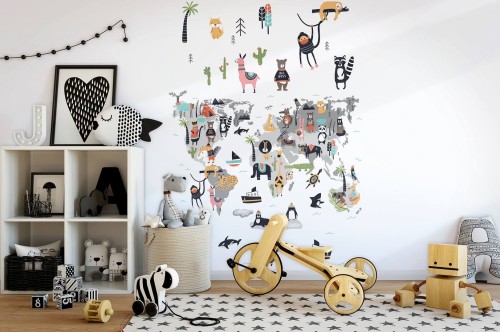 Mural mapa świata i zwierzęta Marburg 45875 Kids Walls Little Adventures