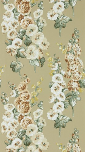 Tapeta kwiaty vintage złota Sanderson 217034 Hollyhocks One Sixty