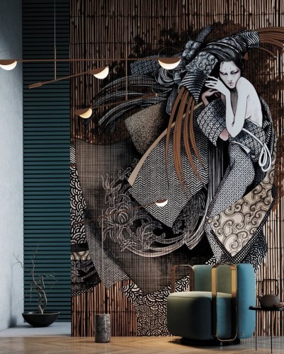 Fototapeta gejsza i maty bambusowe Wonderwall Asami 35091804