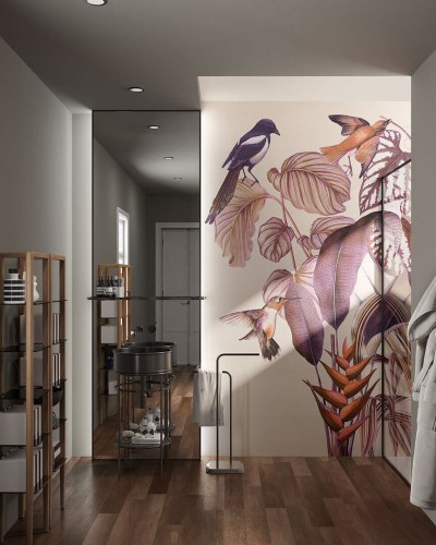 Fototapeta botaniczna – kwiaty, liście i ptaki Inkiostro Bianco SOULMATE INKOCEG2301 Flow