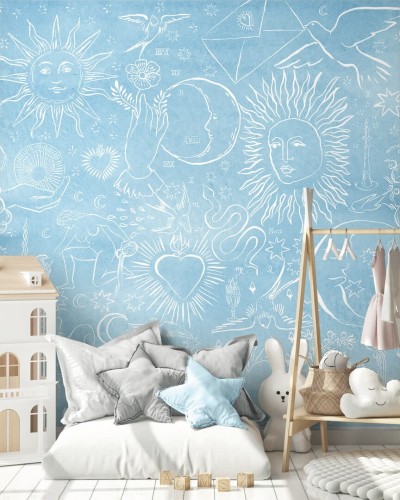 Mural z mistycznymi wzorami PaperMint DIVIN Fond Bleu Celestine R039 Les Essentiels