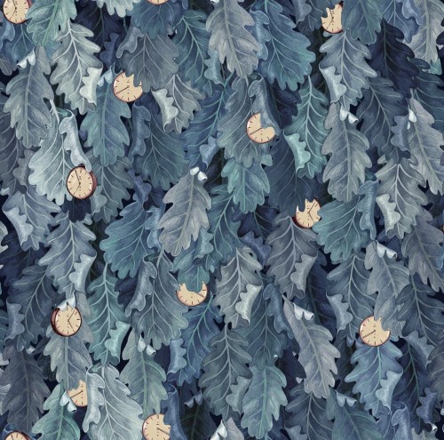 Tapeta liście i zegarki Rebel Walls R19272 No Time to Waste Blue Vintage Brocade