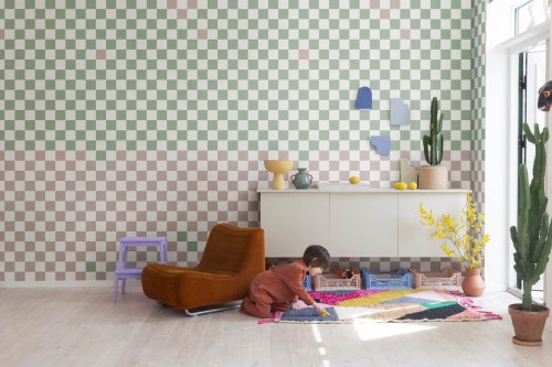 Fototapeta kwadraty jak szachownica Rebel Walls R19412 Pixels Green Pink Maximalism More is More