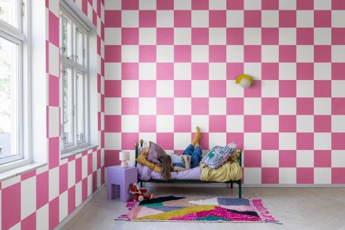Fototapeta geometryczna szachownica Rebel Walls R19414 Chess Pink Maximalism More is More