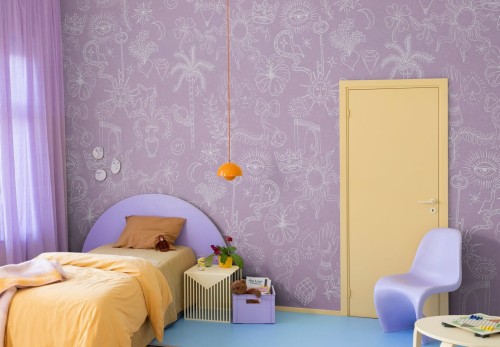 Fototapeta jak rysunki w brudnopisie Rebel Walls R19461 Doodle Lilac Maximalism More is More