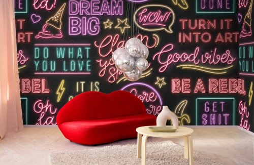 Fototapeta neonowe napisy Rebel Walls R19472 Neon Vibes Black Maximalism More is More