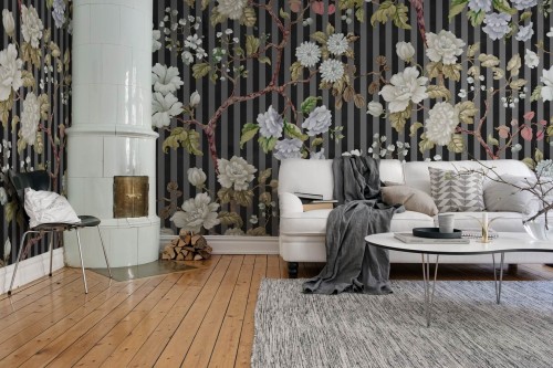 Fototapeta rośliny i paski Rebel Walls R18678 Rose Stripe Midnight Cottage Core