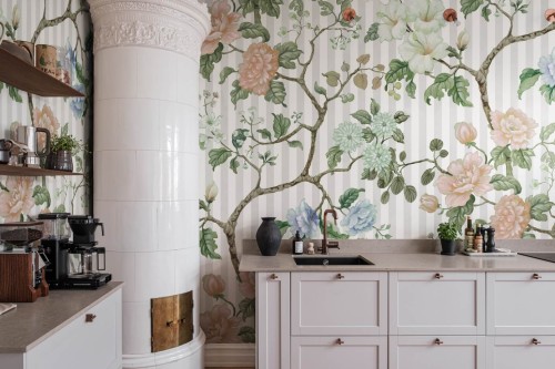 Fototapeta rośliny i paski Rebel Walls R18679 Rose Stripe White Cottage Core