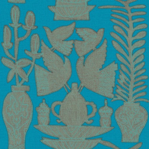 Tapeta haftowane ptaki, wazony i liście Elitis VP954 04 Paros Lins Brodes