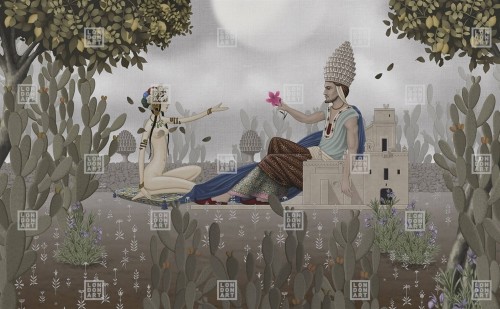 Fototapeta roślinna z kaktusami i zakochaną parą London Art MUN11 D L’amour Inconditionnel Tale Books: Les Mille et une Nuits