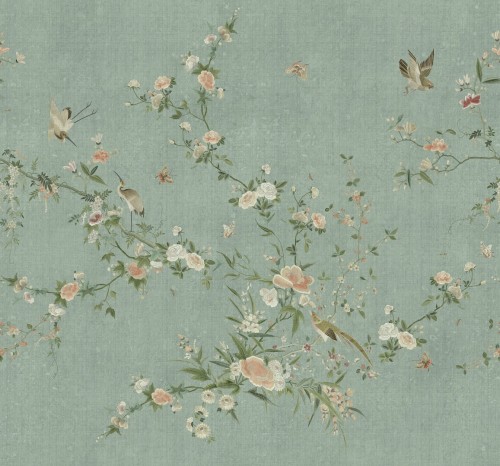 Fototapeta roślinne pnącza i ptaki Sandberg S10427 Bloom Teal Chinoiserie Garden
