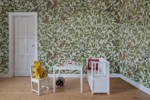 Fototapeta ptaki i liście Rebel Walls R19260 Backwood Birds White Ilon Wikland