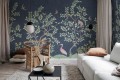Fototapeta w stylu chinoiserie z małpami, ptakami i krzewami Rebel Walls R19757 Monkeys Paradise Dark Blue Jack Kinsey