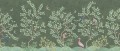 Fototapeta w stylu chinoiserie z małpami, ptakami i krzewami Rebel Walls R19758 Monkeys Paradise Sage Green Jack Kinsey