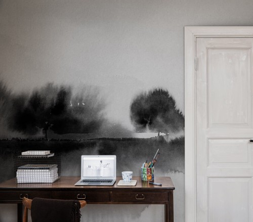 Fototapeta akwarelowy krajobraz Rebel Walls R20173 Stormy Forest Black White Mystic Shades