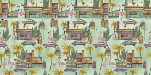 Fototapeta flamingi, palmy, samochody, sklepy Inkiostro Bianco SOUTH BEACH INKENIP1901 Natural Beauty
